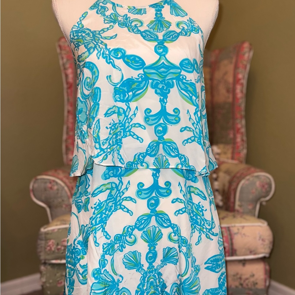 NWT Lilly Pulitzer Whistler Blue Rhinestone Halter Silk Dress Size 6